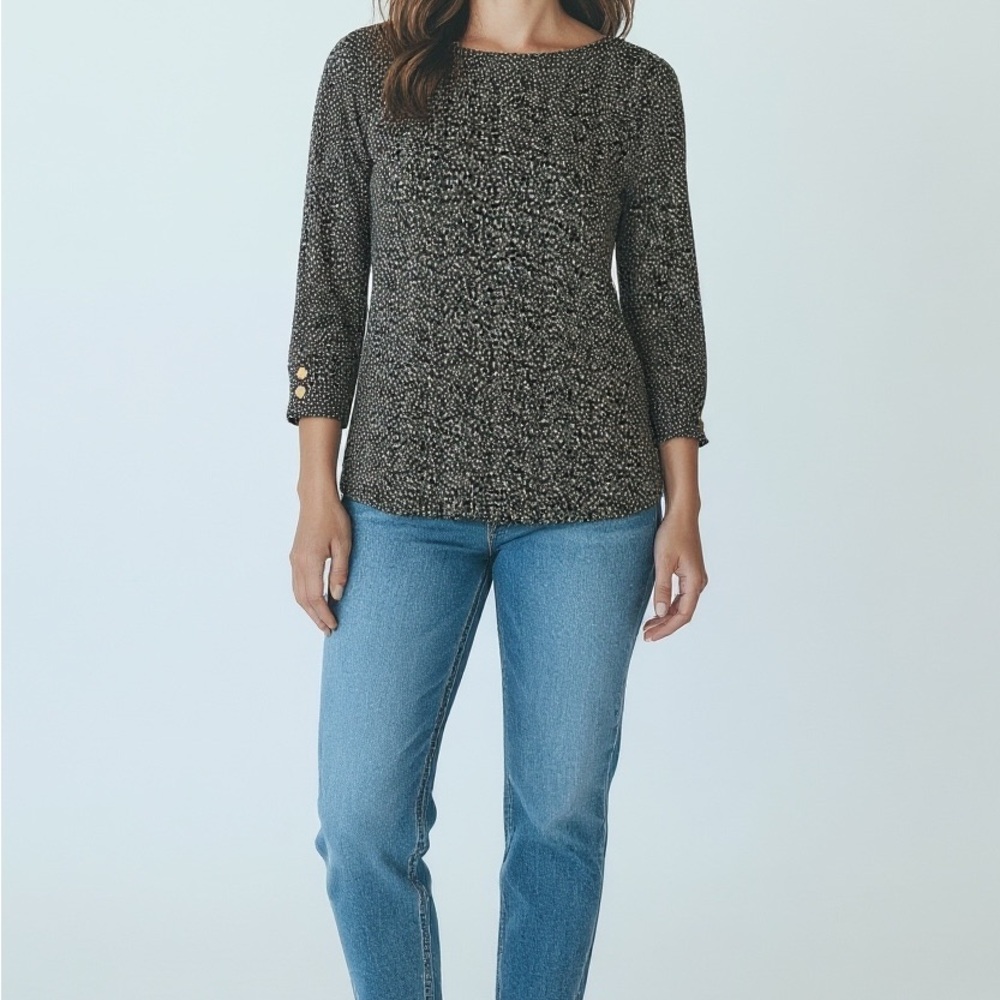 Ladies Talbots Petite Boatneck Knit Confetti Print 3/4 Sleeve Top Size Small